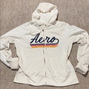 Large Aeropostale Aero Zip up hoodie Womens cream rainbow stripes embroidered